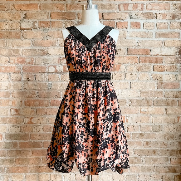 Abstract Print Dress with Beaded Detail - Picture 1 of 16